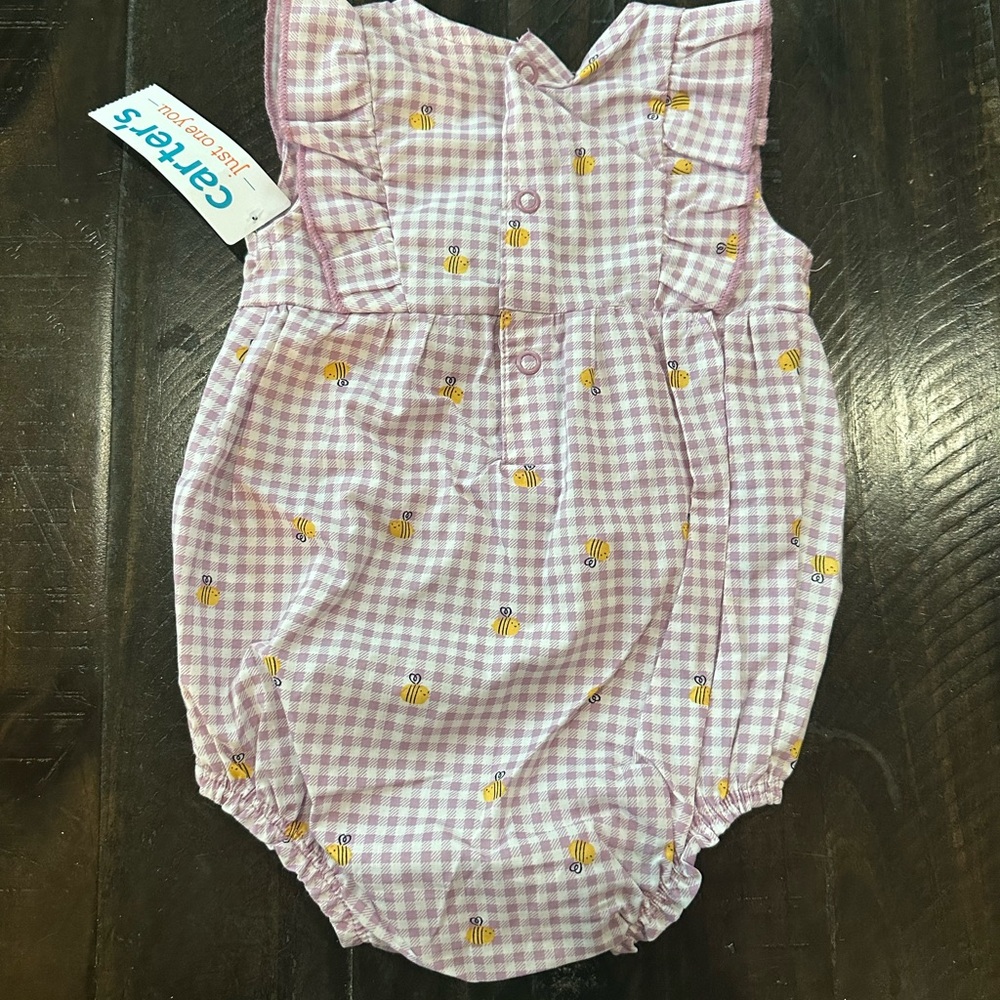 Carter’s Ruffle Lavender Purple Gingham Plaid Pattern Bee Infant Onesie 6 Month